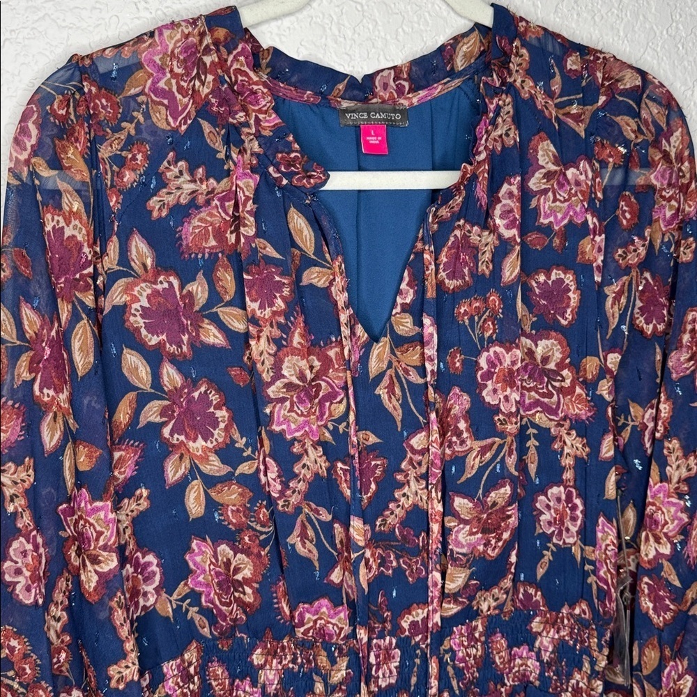 Vince Camuto Womens 3/4 Puff Sleeve Tie Neck Maxi Dress Floral Size L - Picture 3 of 10